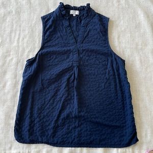 Women’s petite small Crown & Ivy navy textured tank with ruffle collar.